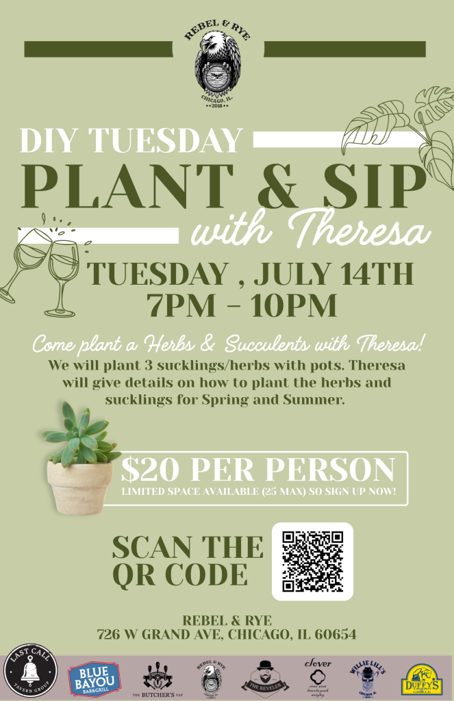 Tuesday, July 14th | DIY Plant & Sip with Theresa at Rebel & Rye